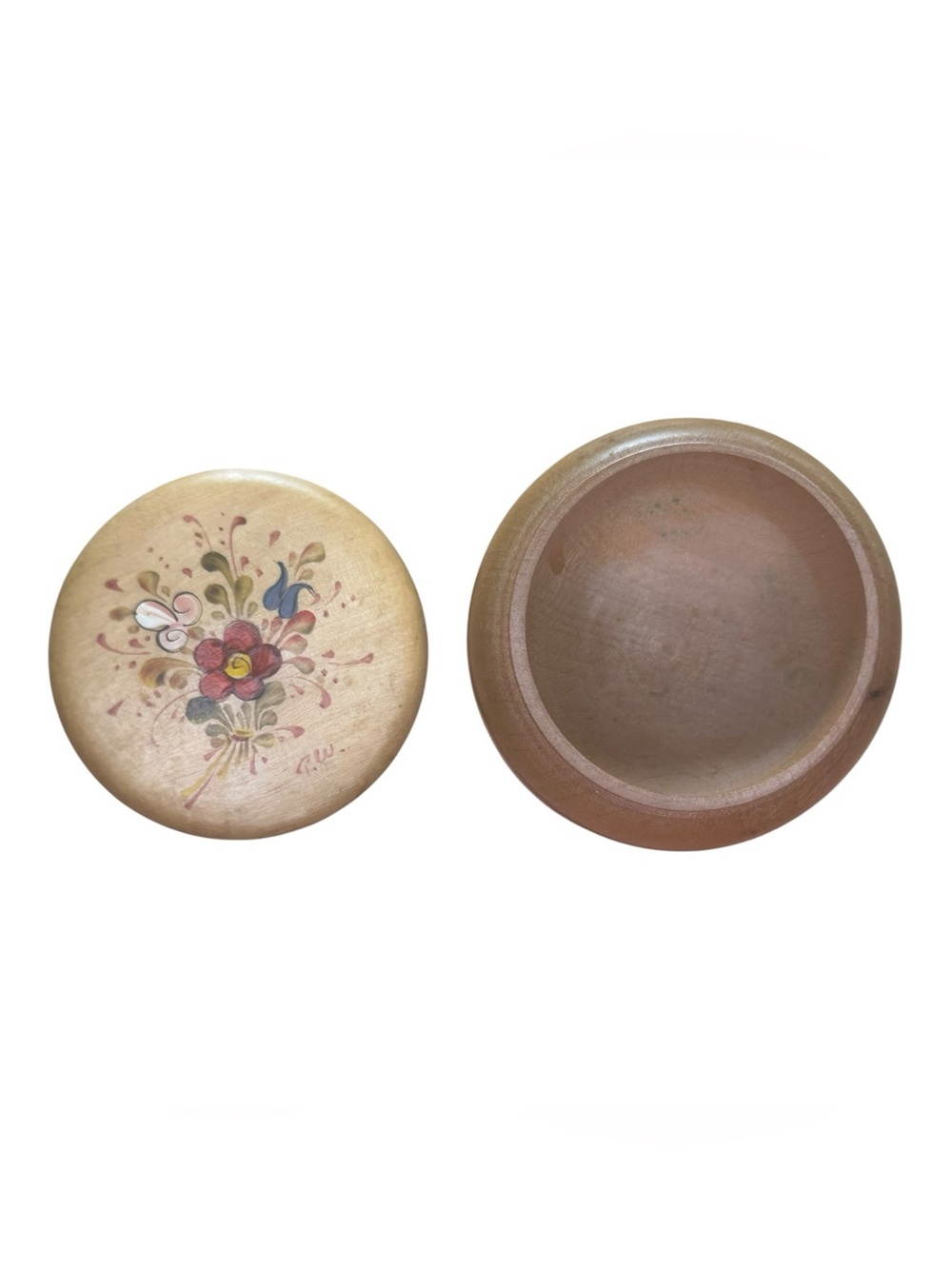 Vintage Hand Painted Wooden Trinket Box Floral Folk Art Round Signed 3” - Picture 4 of 6
